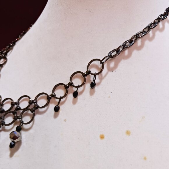 Handmade Gunmetal Rings Black Hematite Bead Bib Statement Necklace Tassel Fringe - Picture 7 of 12